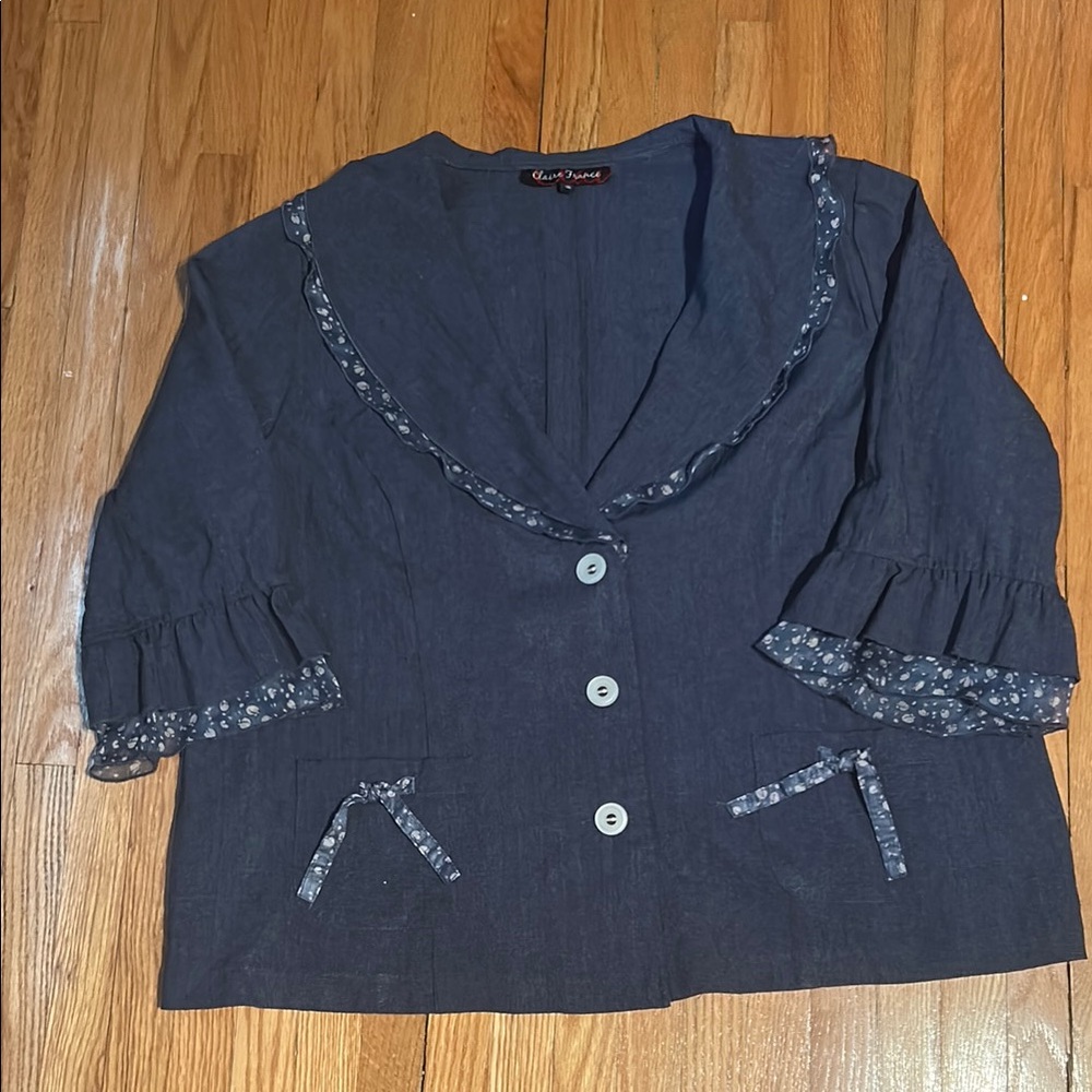 Claire France Vintage Navy Women's Blazer with Ruffle Accents. Size 18